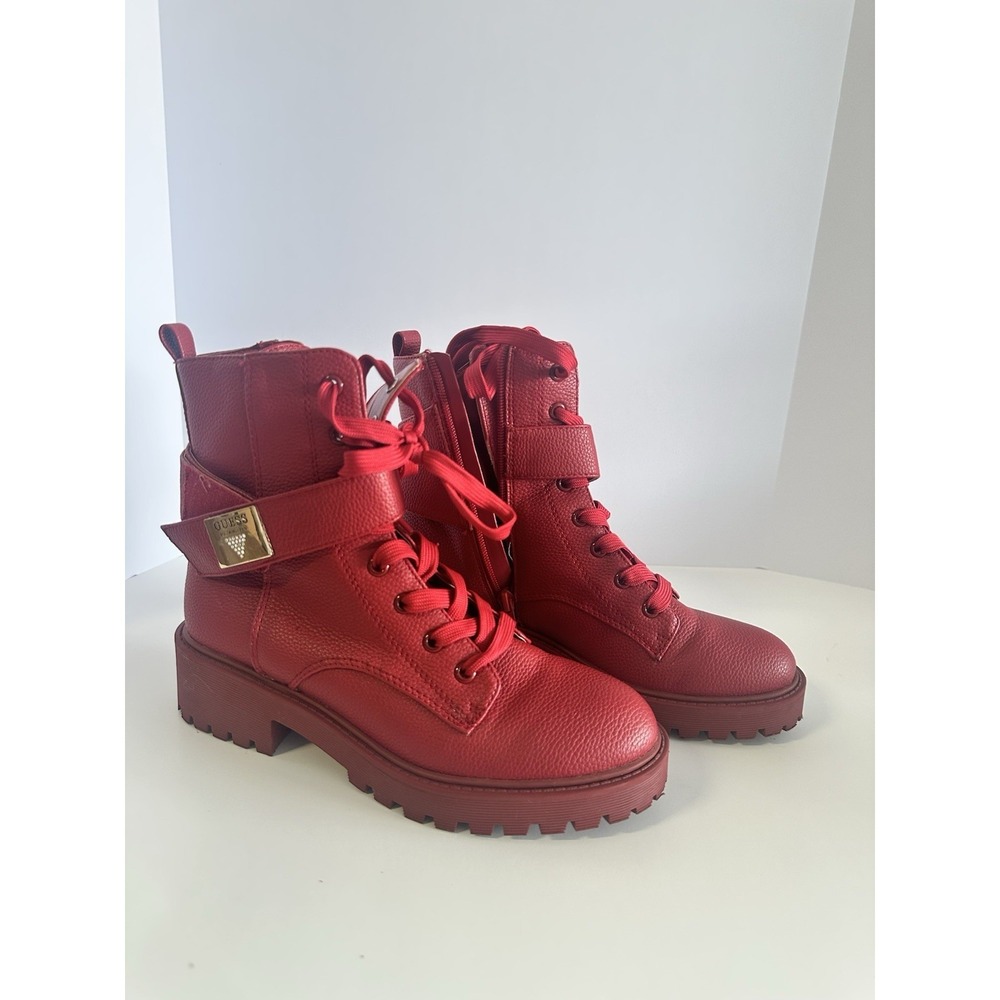Guess Caleena Red Combat Boots Womens 7.5 M Lace Up Side Zip Lug Sole WGCALEENAC - Picture 2 of 11